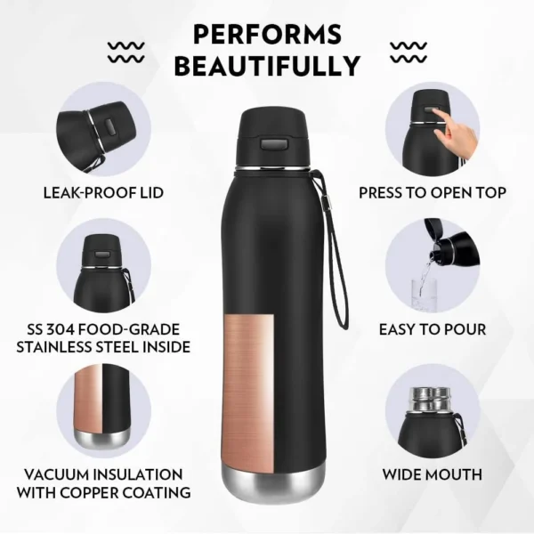 Borosil Rivera Stainless Steel Vacuum Insulated Water Bottle, 600ml, Black - Image 2