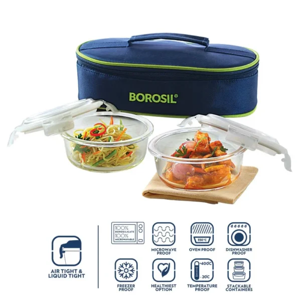 Borosil Blue Glass Lunchbox, Round x 2 (Flat) 400ml - Image 2