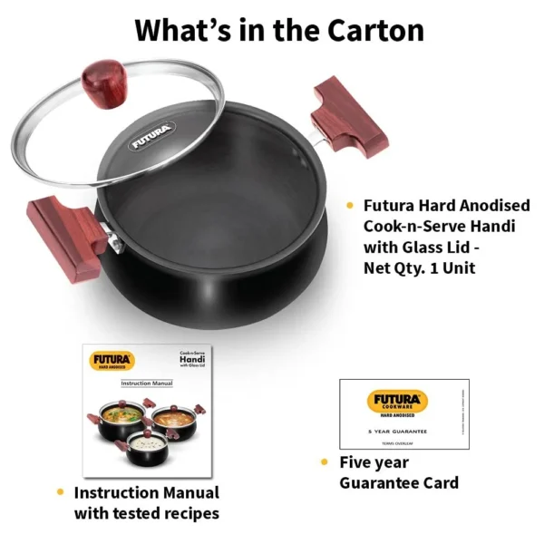 Hawkins Futura 2 Litre Cook n Serve Hard Anodised Biryani Handi with Glass Lid, 3L, 20CM (ACH30G) - Image 2