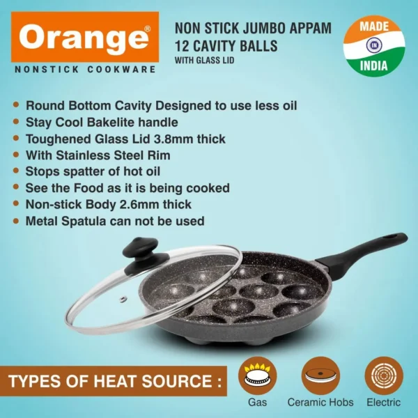 Orange Aluminium Die-Cast Series Non-Stick Jumbo Appam Patra 12cavity With Glass Lid - Image 2