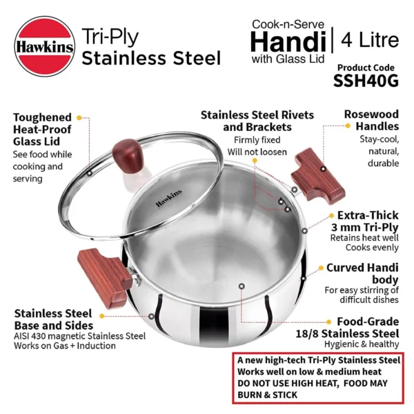 Hawkins Tri-Ply SSH40G Stainless Steel Cook n Serve Handi with Glass Lid - 4 Ltr - Image 3