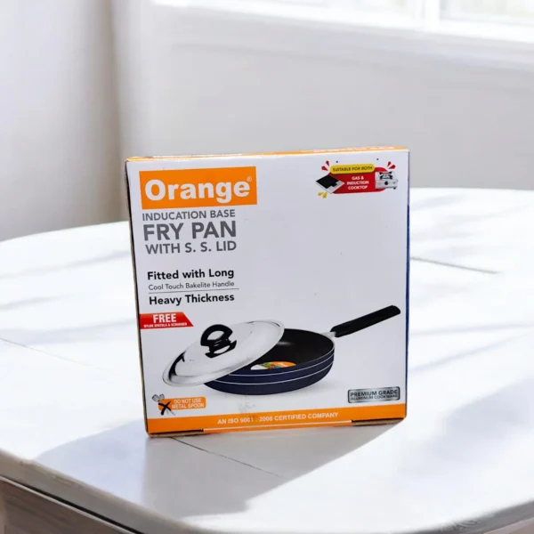 Orange Induction Base Nonstick Fry Pan With Steel Lid (12), 240mm (Thickness: 2.6mm) - Image 2
