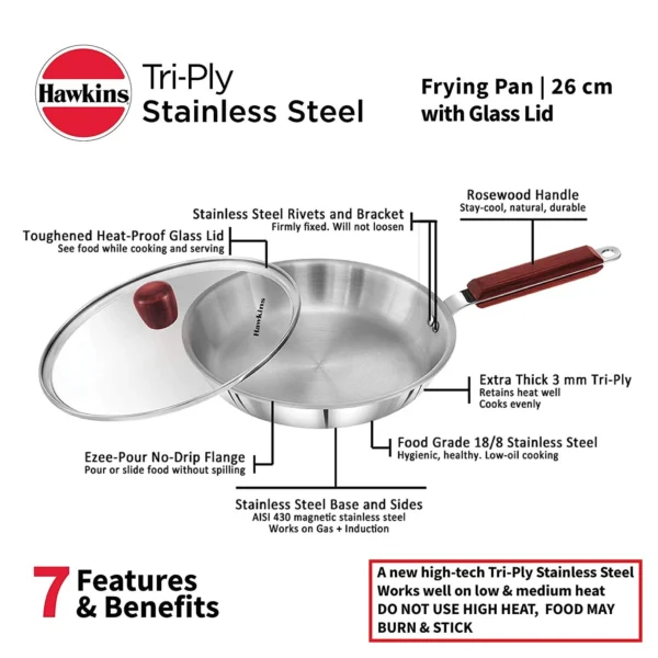 Hawkins Tri-Ply SSF24G Stainless Steel Frying Pan with Glass Lid - 24cm - Image 2