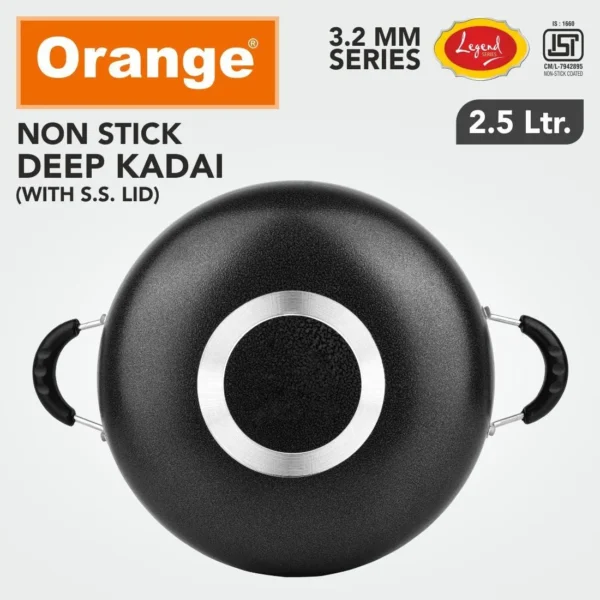 Orange Legend Series KDGL13 Nonstick 3.2mm Deep Kadai with Glass Lid - 2.5Ltr - Image 3