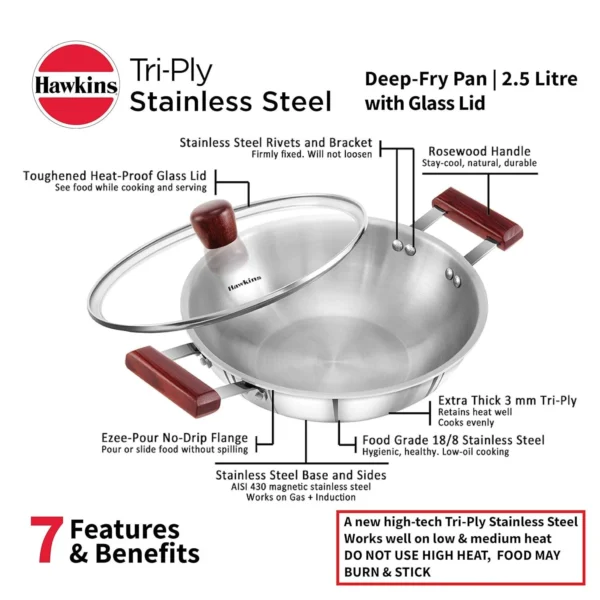 Hawkins SSD25G Tri-Ply Stainless Steel Induction Compatible Deep-Fry Pan with Glass Lid - 2.5 L - Image 2