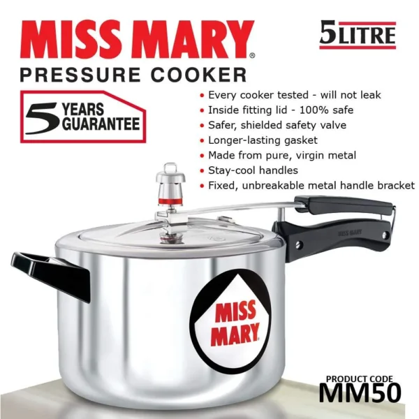 Hawkins 5 Litre Miss Mary Aluminium Pressure Cooker, Inner Lid Cooker, Silver (MM50) - Image 2