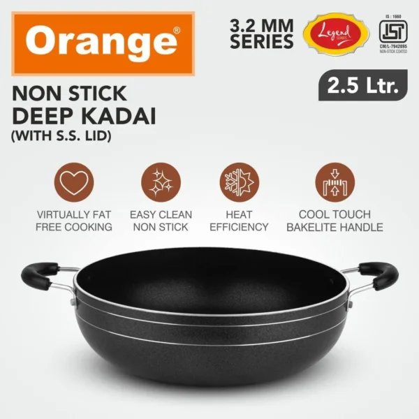 Orange Legend Series KDGL13 Nonstick 3.2mm Deep Kadai with Glass Lid - 2.5Ltr - Image 4