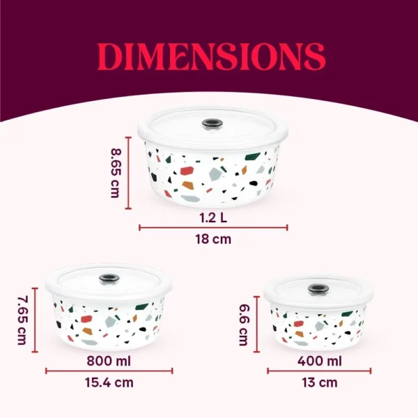 Larah by Borosil Confetti 3 Piece Storage Bowls with Lids (400ml + 800ml + 1.2 L) | Microwave Safe - Image 4