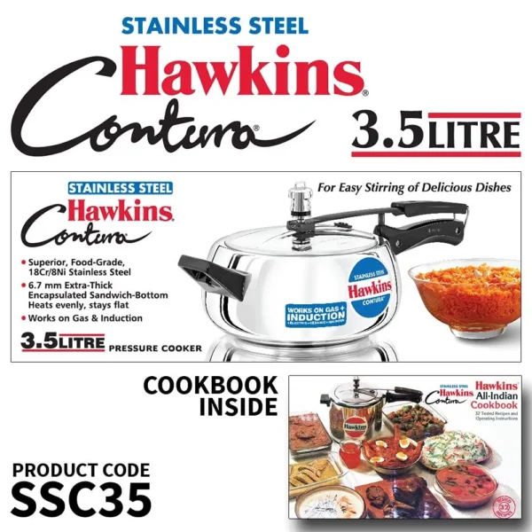 Hawkins Contura Stainless Steel Induction Compatible Pressure Cooker, 3.5 L (SSC35) - Image 2