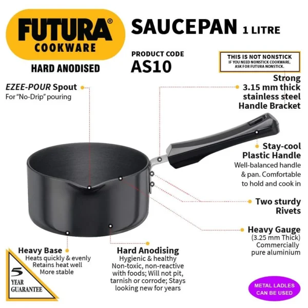 Hawkins Futura AS10 Hard Anodised Sauce Pan - 1 Ltr - Image 2