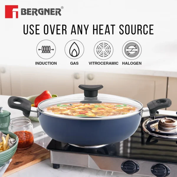 Bergner Aloe 3-Layer+ Non-Stick Coating 3 Piece Cookware Set - 24cm (2.5 L) Kadai with Glass Lid and 24cm Frypan (BGIN-2236) - Image 3