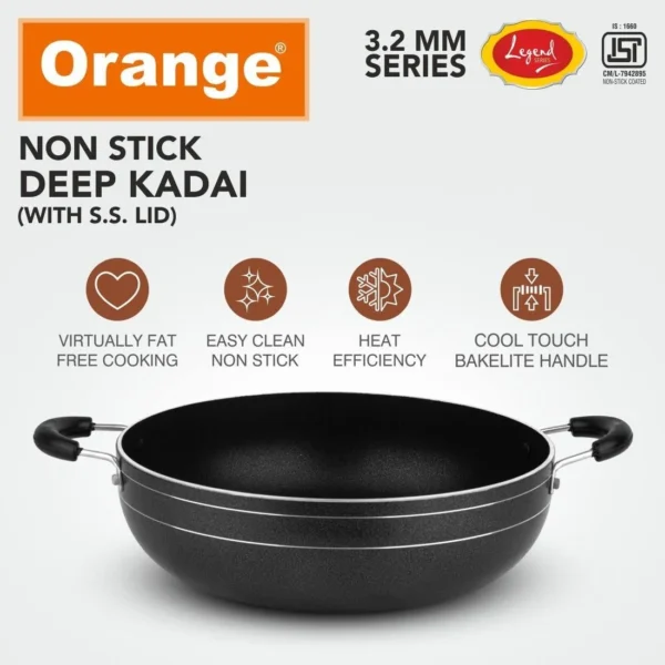 Orange Legend Series Nonstick 3.2mm Deep Kadai with Glass Lid - 3.5Ltr (KDGL14) - Image 2