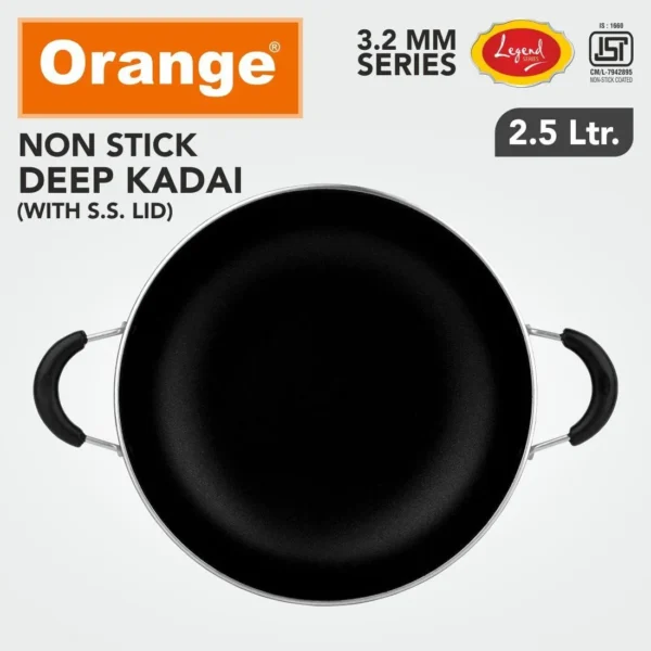 Orange Legend Series KDGL13 Nonstick 3.2mm Deep Kadai with Glass Lid - 2.5Ltr - Image 2