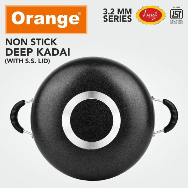 Orange Legend Series Nonstick 3.2mm Deep Kadai with Glass Lid - 3.5Ltr (KDGL14) - Image 3