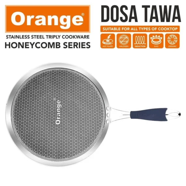 Orange Triply Stainless Steel Honeycomb Non-Stick Dosa Tawa 270mm (OTPC553) - Image 4