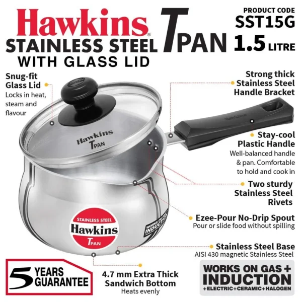 Hawkins SST15G Stainless Steel Induction Compatible Tpan with Glass Lid - 1.5 L 14CM - Image 2