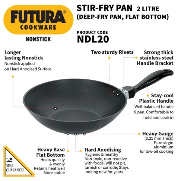 Hawkins Futura NDL20 Nonstick Stir Fry Wok (Deep-Fry Pan) - 2 Ltr - Image 3