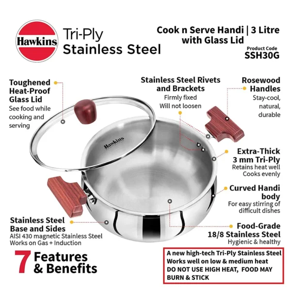 Hawkins Tri-Ply SSH30G Stainless Steel Cook n Serve Handi with Glass Lid - 3 Ltr 20cm - Image 2