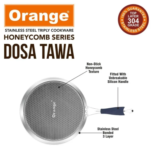 Orange Triply Stainless Steel Honeycomb Non-Stick Dosa Tawa 270mm (OTPC553) - Image 2