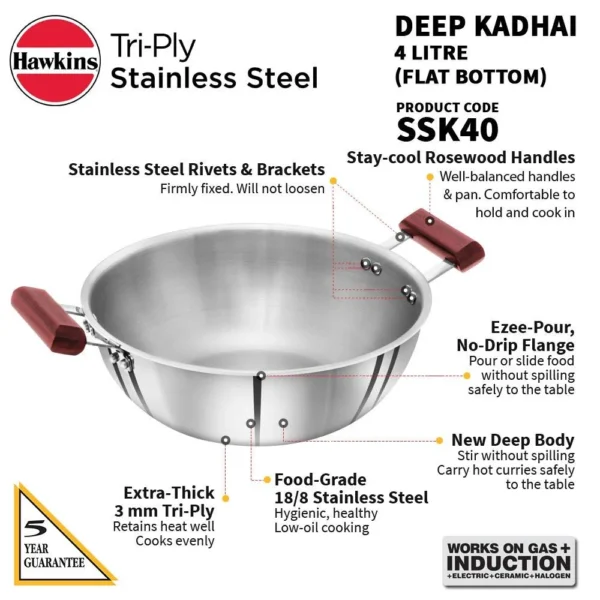 Hawkins Tri-Ply Stainless Steel SSK40 Deep Kadhai - 4 Ltr 26cm - Image 2