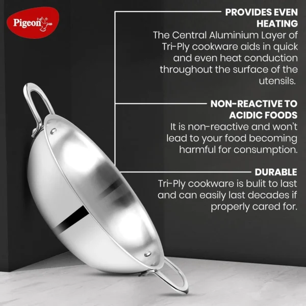 Pigeon Elite Stainless Steel Triply Kadhai 24cm, Gas Stove and Induction Compatible - Image 3