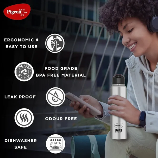 Pigeon by Stovekraft Stainless Steel Inox Hydra Drinking Water Bottle 900 ml - Silver - Image 2
