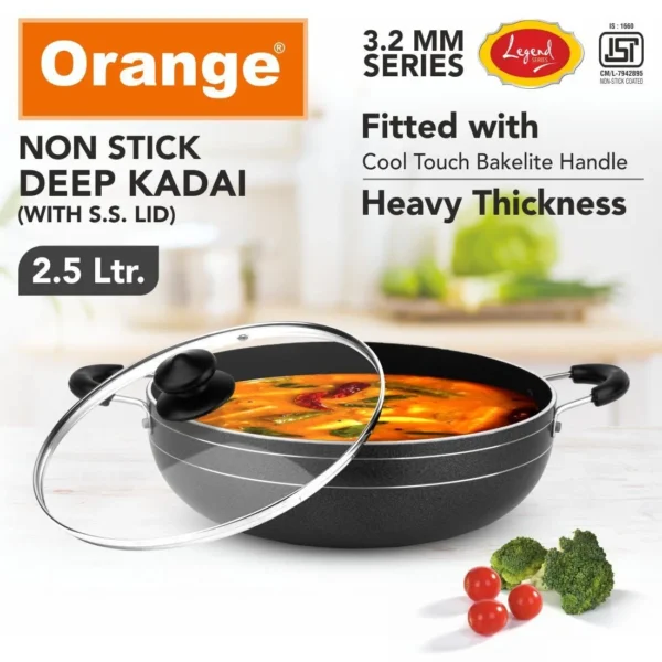 Orange Legend Series KDGL13 Nonstick 3.2mm Deep Kadai with Glass Lid - 2.5Ltr