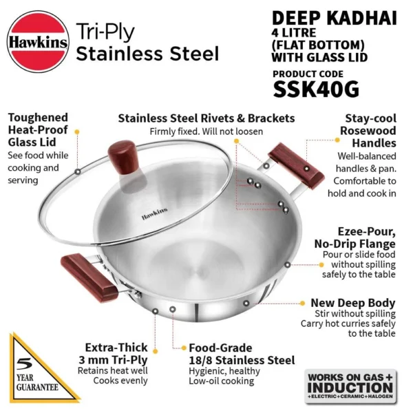 Hawkins Tri-Ply Stainless Steel SSK40G Deep Kadhai with Glass Lid- 4 Ltr 26cm - Image 2