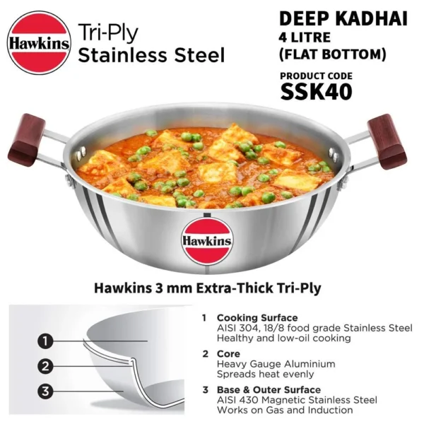 Hawkins Tri-Ply Stainless Steel SSK40 Deep Kadhai - 4 Ltr 26cm - Image 4