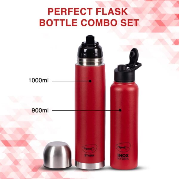 Pigeon by Stovekraft Therminox Stark Plus Vacuum Insulated Flask 1000ml Red + INOX Hydra Red Single Walled Fridge Bottle 900ml Bottle Combo - Image 4