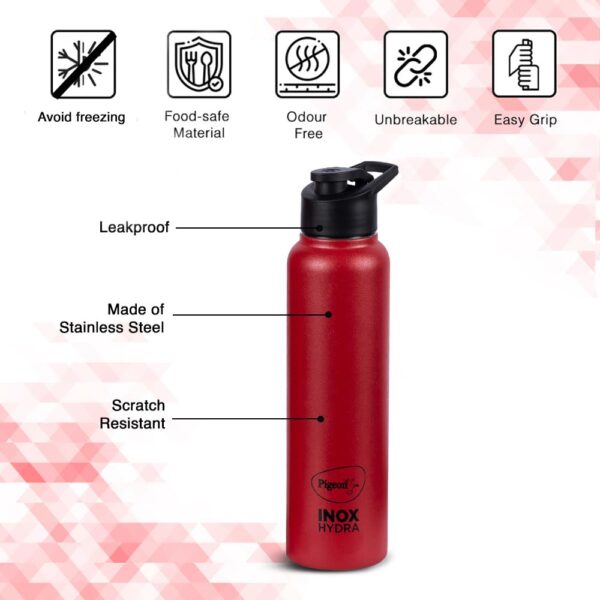 Pigeon by Stovekraft Therminox Stark Plus Vacuum Insulated Flask 1000ml Red + INOX Hydra Red Single Walled Fridge Bottle 900ml Bottle Combo - Image 3