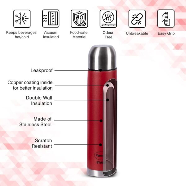 Pigeon by Stovekraft Therminox Stark Plus Vacuum Insulated Flask 1000ml Red + INOX Hydra Red Single Walled Fridge Bottle 900ml Bottle Combo - Image 2