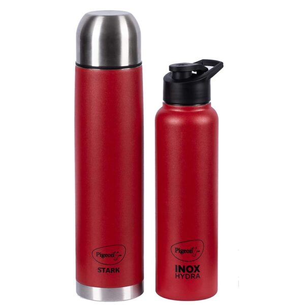 Pigeon by Stovekraft Therminox Stark Plus Vacuum Insulated Flask 1000ml Red + INOX Hydra Red Single Walled Fridge Bottle 900ml Bottle Combo