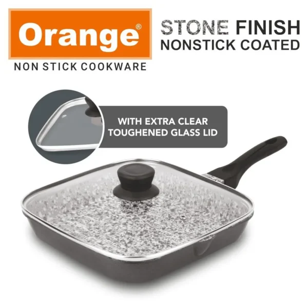 Orange Stone Finish Nonstick Heavy Coated Grill Pan with glass lid 220MM (ONSC384) - Image 5