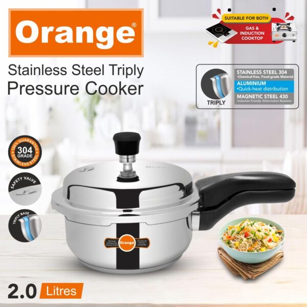 Orange Stainless Steel Triply Pressure Cooker Combi 3L+2L - Image 3