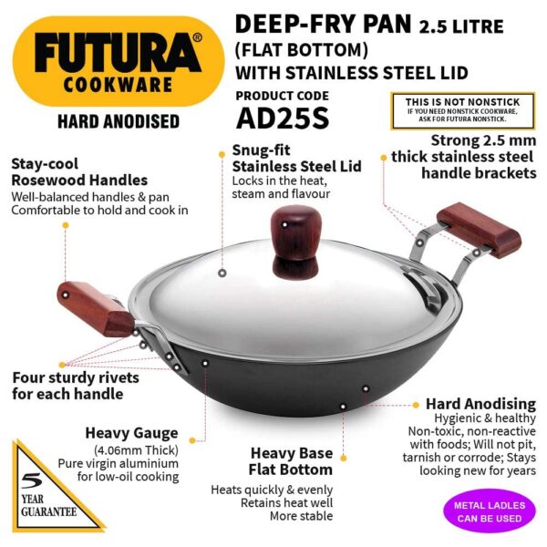 Hawkins Futura AD25S Hard Anodised Deep-Fry Pan with SS Lid - 2.5 Ltr 25cm - Image 3