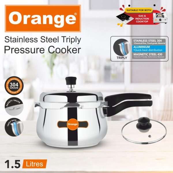 Orange Triply SS Handi Pressure Cooker 1.5L with Glass Lid - Image 2