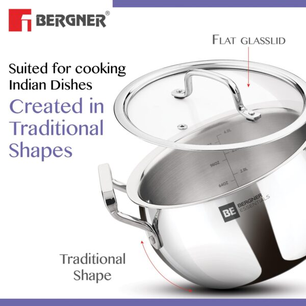 Bergner BE Essentials TriPly Stainless Steel 3 Piece Rice Handi Set - 16cm / 2.2L, 18cm / 3.2L, 20cm / 4.2L with 3 Flat Glass Lids - Image 3