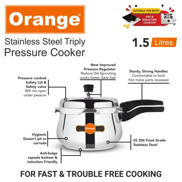 Orange Triply SS Handi Pressure Cooker 1.5L with Glass Lid - Image 4