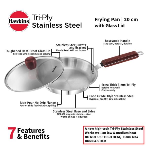 Hawkins Tri-Ply SSF20G Stainless Steel Frying Pan with Glass Lid - 20cm - Image 3