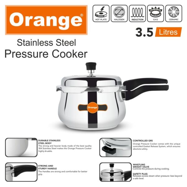 Orange Triply SS Handi Pressure Cooker 3.5L with Glass Lid - Image 2