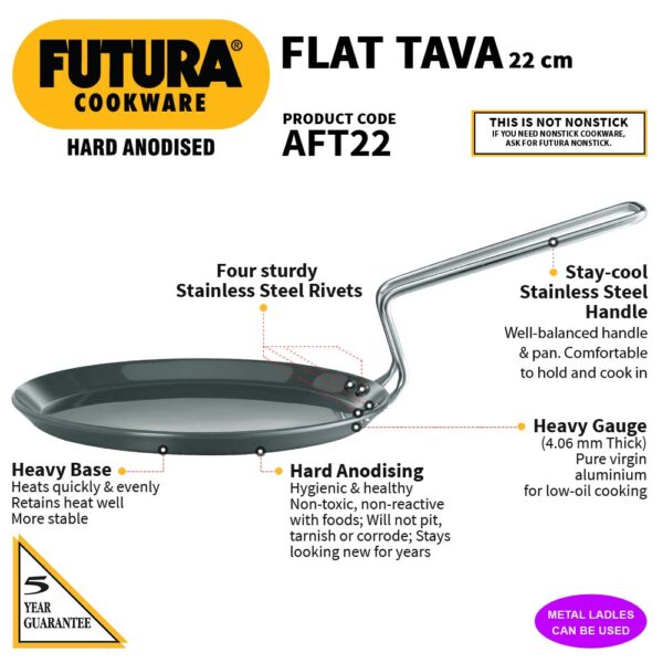 Hawkins Futura AFT22 Hard Anodised Flat Tawa - 22 cm - Image 3