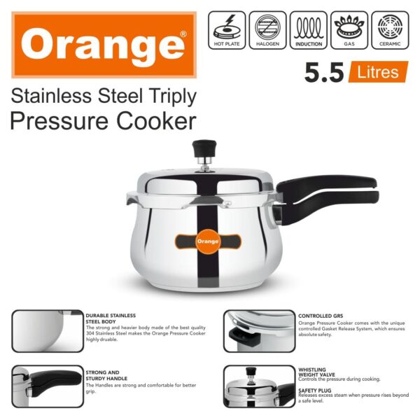 Orange Triply SS Handi Pressure Cooker 5.5L with Glass Lid - Image 4