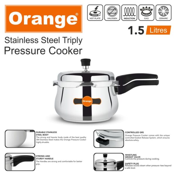 Orange Triply SS Handi Pressure Cooker 1.5L with Glass Lid - Image 3