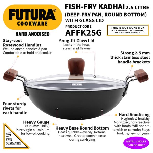 Hawkins Futura AFFK25G Hard Anodised Fish-Fry Kadhai with Glass Lid - 2.5 L - Image 2