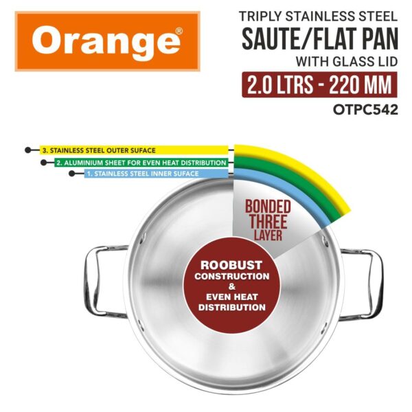 Orange Stainless Steel Triply Cook & Serve Fry Pan 2 Ltr 220mm (OTPC542) - Image 4