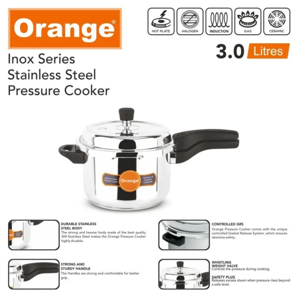 Orange Inox Series Stainless Steel Pressure Cooker 3 Ltr - Image 3