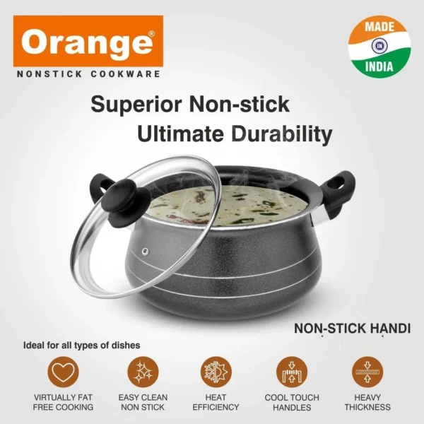 Orange Platina Series Nonstick Handi H-15 with Glass Lid - 3.7 Ltr - Image 3