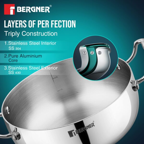 Bergner Argent Saira Saiba Tri-Ply Stainless Steel 3 Piece Cookware Set BGIN-6407 - Image 2