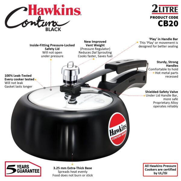 Hawkins Contura Hard Anodised Aluminium Pressure Cooker, 2 Litre (CB20) - Image 4